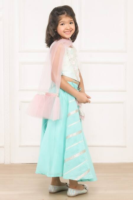 Shop Pinkcow designs pvt ltd Sky Blue Cotton, Chanderi, Crepe, Gota Lace Embellished Lehenga Blouse Set Online at Aza Fashions Shop_Pinkcow designs pvt ltd_Sky Blue Cotton, Chanderi, Crepe, Gota Lace Embellished Lehenga Blouse Set _Online_at_Aza_Fashions