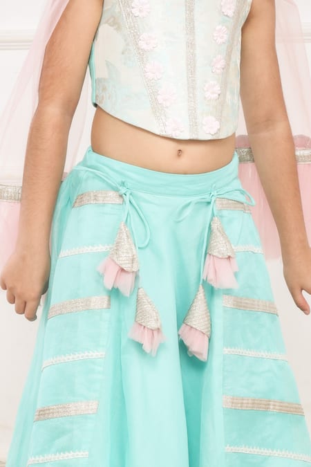 Pinkcow designs pvt ltd Sky Blue Cotton, Chanderi, Crepe, Gota Lace Embellished Lehenga Blouse Set at Aza Fashions Pinkcow designs pvt ltd_Sky Blue Cotton, Chanderi, Crepe, Gota Lace Embellished Lehenga Blouse Set _at_Aza_Fashions