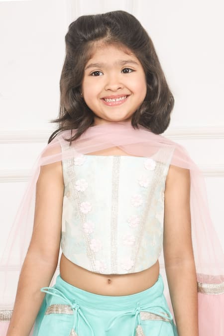 Buy Pinkcow designs pvt ltd Sky Blue Cotton, Chanderi, Crepe, Gota Lace Embellished Lehenga Blouse Set Buy_Pinkcow designs pvt ltd_Sky Blue Cotton, Chanderi, Crepe, Gota Lace Embellished Lehenga Blouse Set