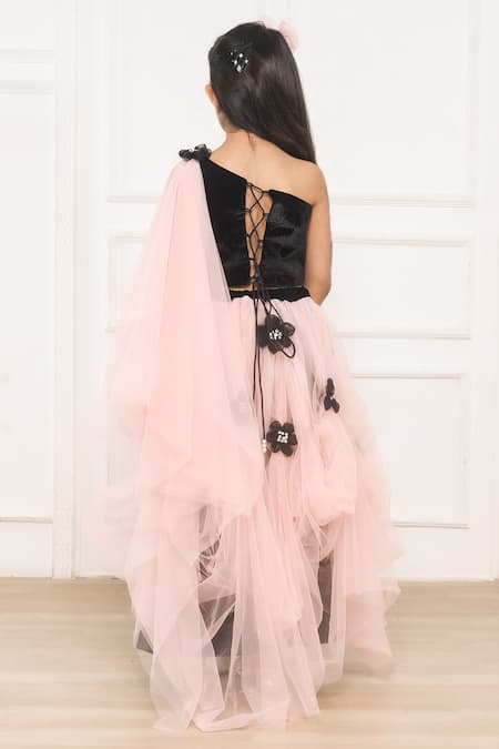 Shop Pinkcow designs pvt ltd Black Velvet, Net, Cotton Embroidery, Sequins Bloom Patch Blouse Lehenga Set at Aza Fashions Shop_Pinkcow designs pvt ltd_Black Velvet, Net, Cotton Embroidery, Sequins Bloom Patch Blouse Lehenga Set _at_Aza_Fashions