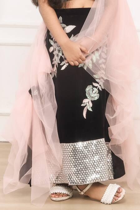 Pinkcow designs pvt ltd Black Velvet, Net, Cotton Embroidery, Sequins Bloom Patch Blouse Lehenga Set Online at Aza Fashions Pinkcow designs pvt ltd_Black Velvet, Net, Cotton Embroidery, Sequins Bloom Patch Blouse Lehenga Set _Online_at_Aza_Fashions