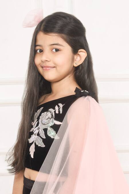 Shop Pinkcow designs pvt ltd Black Velvet, Net, Cotton Embroidery, Sequins Bloom Patch Blouse Lehenga Set Online at Aza Fashions Shop_Pinkcow designs pvt ltd_Black Velvet, Net, Cotton Embroidery, Sequins Bloom Patch Blouse Lehenga Set _Online_at_Aza_Fashions