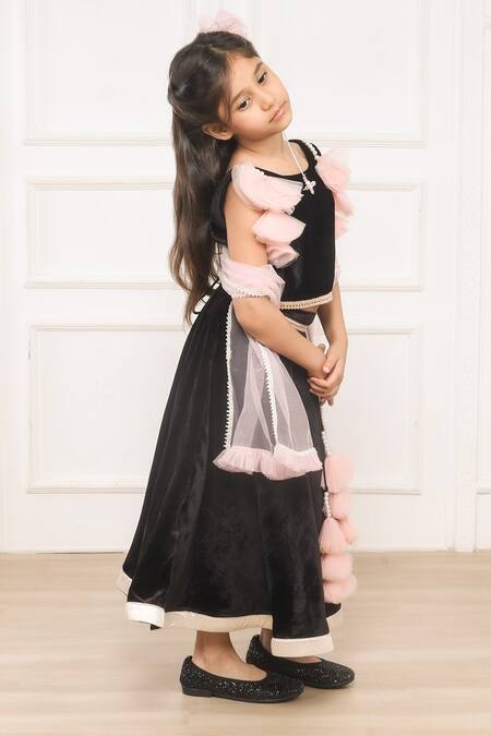 Shop Pinkcow designs pvt ltd Black Velvet, Cotton, Net Pearls, Tassels Embellished Lehenga Blouse Set Online at Aza Fashions Shop_Pinkcow designs pvt ltd_Black Velvet, Cotton, Net Pearls, Tassels Embellished Lehenga Blouse Set _Online_at_Aza_Fashions