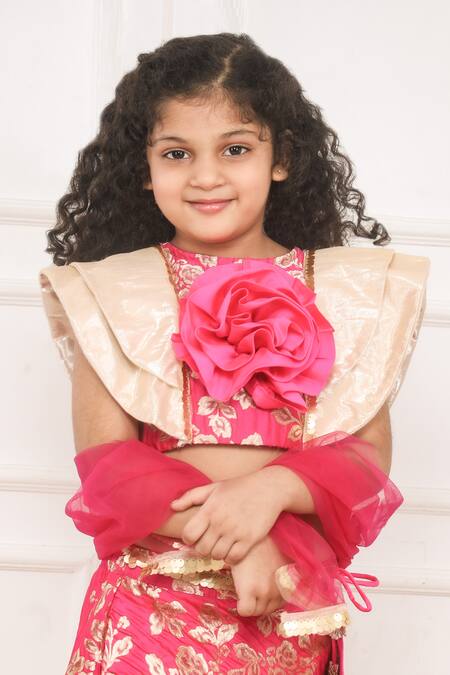 Shop Pinkcow designs pvt ltd Pink Brocade, Crepe, Lace, Net Sequins, Lullaby Lane Floral Lehenga Blouse Set Online at Aza Fashions Shop_Pinkcow designs pvt ltd_Pink Brocade, Crepe, Lace, Net Sequins, Lullaby Lane Floral Lehenga Blouse Set _Online_at_Aza_Fashions