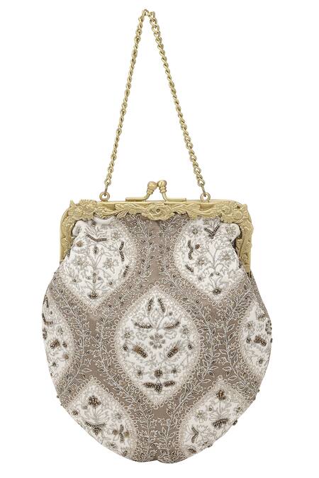 Shop_The Leather Garden_Gold Zari Bikaner Embroidered Potli Bag _Online_at_Aza_Fashions