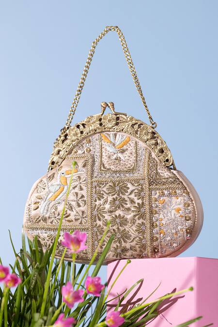 The Leather Garden_Gold Floral Zardozi Pali Embroidered Potli Bag _Online_at_Aza_Fashions