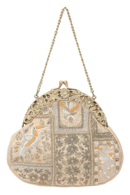 Buy_The Leather Garden_Gold Floral Zardozi Pali Embroidered Potli Bag _Online_at_Aza_Fashions