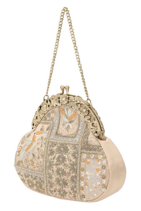 Shop_The Leather Garden_Gold Floral Zardozi Pali Embroidered Potli Bag _Online_at_Aza_Fashions
