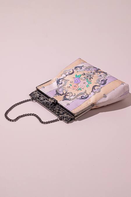The Leather Garden_Purple Floral Zardozi Lilac Potli Bag _Online_at_Aza_Fashions