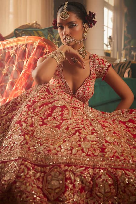 Shop Kalighata Red Silk Sequins, Beads, Embroidery Sweetheart Alluring Raw Bridal Lehenga Set Online at Aza Fashions Shop_Kalighata_Red Silk Sequins, Beads, Embroidery Sweetheart Alluring Raw Bridal Lehenga Set _Online_at_Aza_Fashions