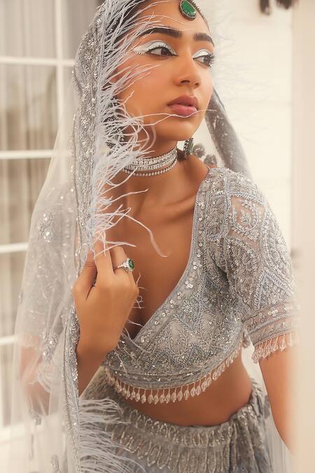 Buy Kalighata Grey Net Embroidery, Sequins, Beads, Feathers Anaysha Bridal Lehenga Set Online at Aza Fashions Buy_Kalighata_Grey Net Embroidery, Sequins, Beads, Feathers Anaysha Bridal Lehenga Set _Online_at_Aza_Fashions