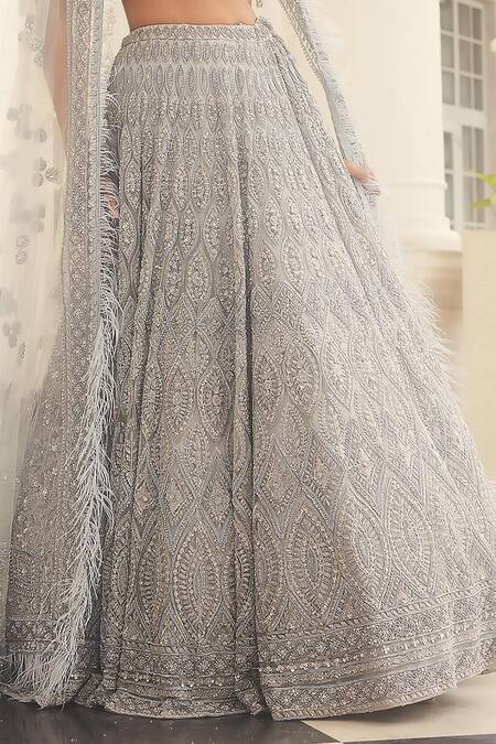Shop Kalighata Grey Net Embroidery, Sequins, Beads, Feathers Anaysha Bridal Lehenga Set Online at Aza Fashions Shop_Kalighata_Grey Net Embroidery, Sequins, Beads, Feathers Anaysha Bridal Lehenga Set _Online_at_Aza_Fashions
