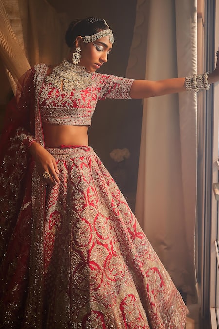 Shop Kalighata Red Silk Zari, Cut Work, Beads, Elnaz Raw Embroidered Bridal Lehenga Set at Aza Fashions Shop_Kalighata_Red Silk Zari, Cut Work, Beads, Elnaz Raw Embroidered Bridal Lehenga Set _at_Aza_Fashions