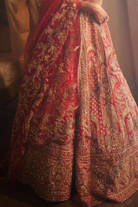 Kalighata Red Silk Zari, Cut Work, Beads, Elnaz Raw Embroidered Bridal Lehenga Set Online at Aza Fashions Kalighata_Red Silk Zari, Cut Work, Beads, Elnaz Raw Embroidered Bridal Lehenga Set _Online_at_Aza_Fashions