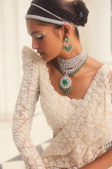 Kalighata_Ivory Net Sequins, Beads, Embroidery, Cut Work Round Neck Emma Lehenga Set _Online_at_Aza_Fashions