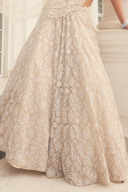 Buy_Kalighata_Ivory Net Sequins, Beads, Embroidery, Cut Work Round Neck Emma Lehenga Set _Online_at_Aza_Fashions