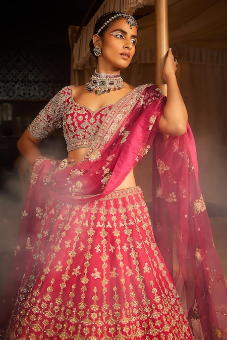 Kalighata Pink Silk Zari, Sequins, Cut Work, Embroidery Faiza Raw Bridal Lehenga Set Online at Aza Fashions Kalighata_Pink Silk Zari, Sequins, Cut Work, Embroidery Faiza Raw Bridal Lehenga Set _Online_at_Aza_Fashions