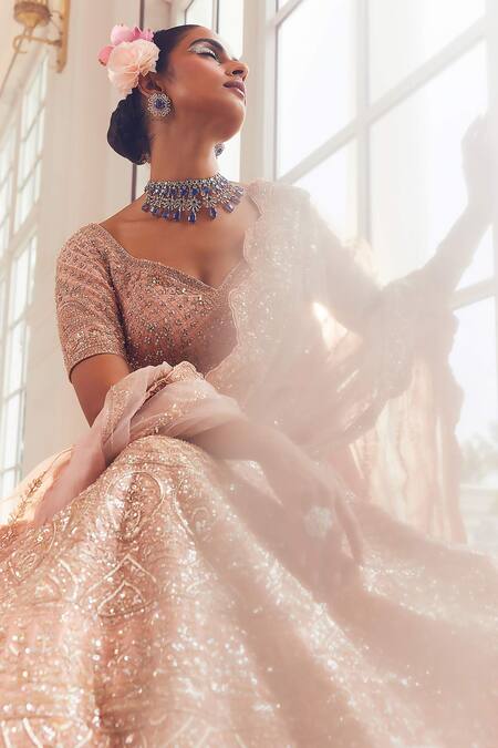 Kalighata_Pink Silk, Net Sequins, Cut Harnaaz Raw Floral Embroidered Bridal Lehenga Set_Online_at_Aza_Fashions