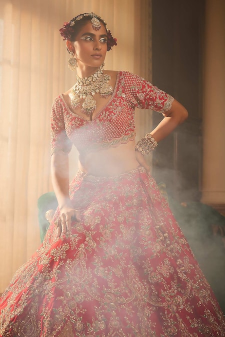 Kalighata Red Silk Sequins, Zari Isra Raw Zardozi Embroidered Bridal Lehenga Set Online at Aza Fashions Kalighata_Red Silk Sequins, Zari Isra Raw Zardozi Embroidered Bridal Lehenga Set _Online_at_Aza_Fashions