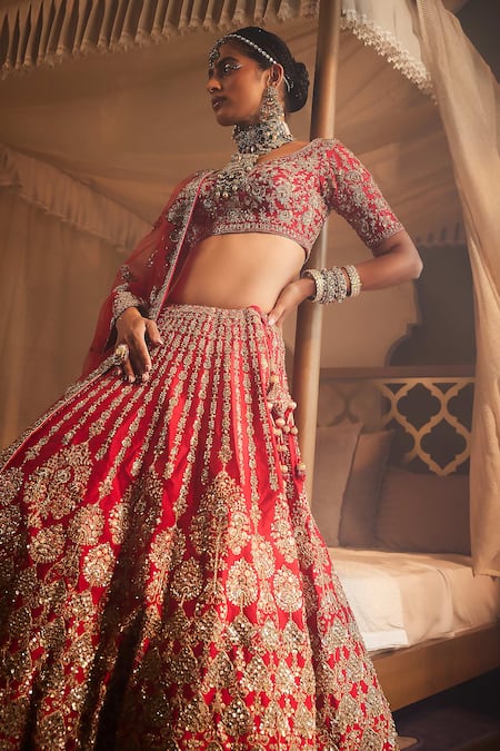 Kalighata Red Silk Sequins, Zari, Embroidery Collared Jahanara Raw Bridal Lehenga Set Online at Aza Fashions Kalighata_Red Silk Sequins, Zari, Embroidery Collared Jahanara Raw Bridal Lehenga Set _Online_at_Aza_Fashions