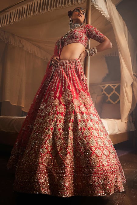 Buy Kalighata Red Silk Sequins, Zari, Embroidery Collared Jahanara Raw Bridal Lehenga Set Online at Aza Fashions Buy_Kalighata_Red Silk Sequins, Zari, Embroidery Collared Jahanara Raw Bridal Lehenga Set _Online_at_Aza_Fashions