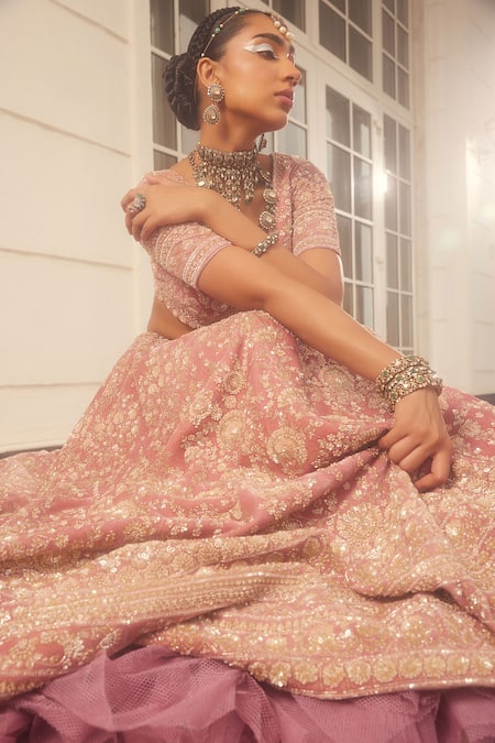 Kalighata Pink Velvet, Net Sequins, Beads V-neck Kundan Embroidered Bridal Lehenga Set Online at Aza Fashions Kalighata_Pink Velvet, Net Sequins, Beads V-neck Kundan Embroidered Bridal Lehenga Set _Online_at_Aza_Fashions