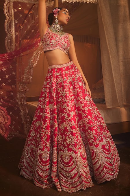 Kalighata Red Silk, Net Zari, Beads Magnum Zardozi Embroidered Bridal Lehenga Set Online at Aza Fashions Kalighata_Red Silk, Net Zari, Beads Magnum Zardozi Embroidered Bridal Lehenga Set _Online_at_Aza_Fashions