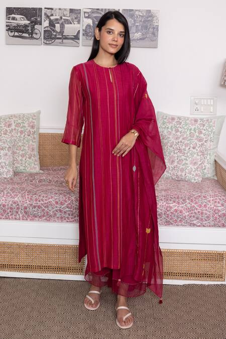Buy Vaayu Maroon Cotton, Muslin, Chiffon Embroidery Round Neck Straight Kurta Pant Set at Aza Fashions Buy_Vaayu_Maroon Cotton, Muslin, Chiffon Embroidery Round Neck Straight Kurta Pant Set_at_Aza_Fashions