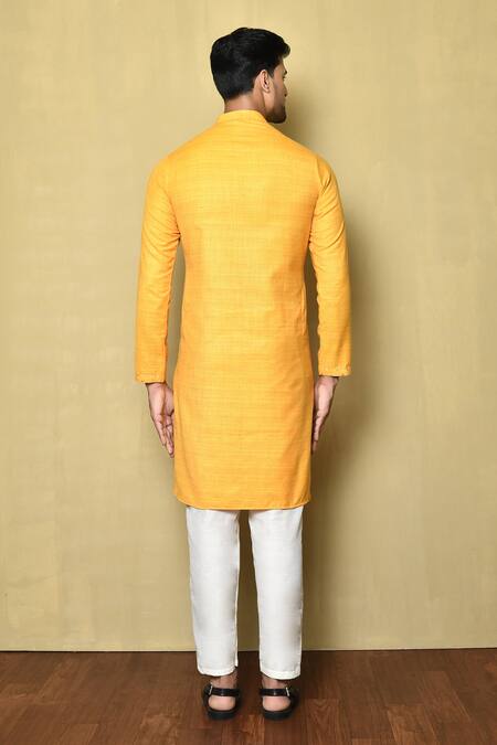 Shop_Arihant Rai Sinha_Yellow Silk Embroidered Mirror Kurta_at_Aza_Fashions