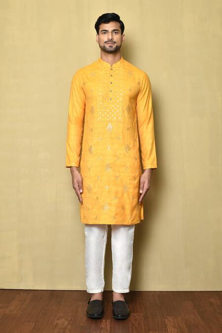 Arihant Rai Sinha_Yellow Silk Embroidered Mirror Kurta_Online_at_Aza_Fashions