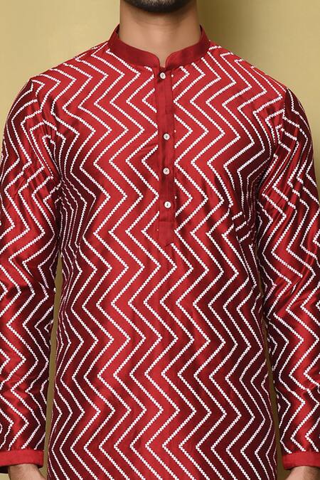Shop_Arihant Rai Sinha_Maroon Cotton Silk Printed Zigzag Mandarin Collar Kurta_Online_at_Aza_Fashions