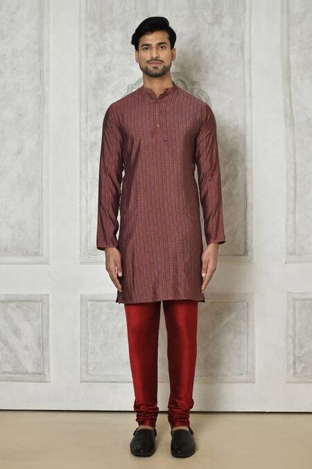 Arihant Rai Sinha_Maroon Cotton Silk Printed Striped Kurta_Online_at_Aza_Fashions
