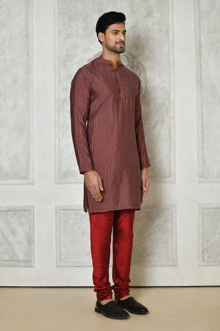 Shop_Arihant Rai Sinha_Maroon Cotton Silk Printed Striped Kurta_Online_at_Aza_Fashions
