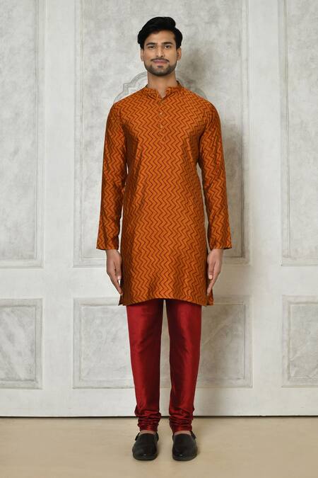 Arihant Rai Sinha_Orange Cotton Silk Printed Striped Pattern Kurta_Online_at_Aza_Fashions