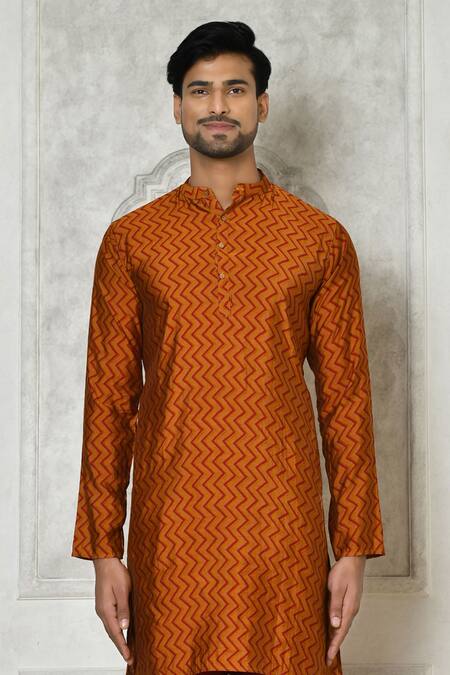Buy_Arihant Rai Sinha_Orange Cotton Silk Printed Striped Pattern Kurta_Online_at_Aza_Fashions