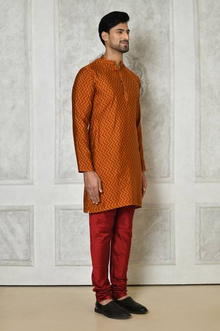 Shop_Arihant Rai Sinha_Orange Cotton Silk Printed Striped Pattern Kurta_Online_at_Aza_Fashions