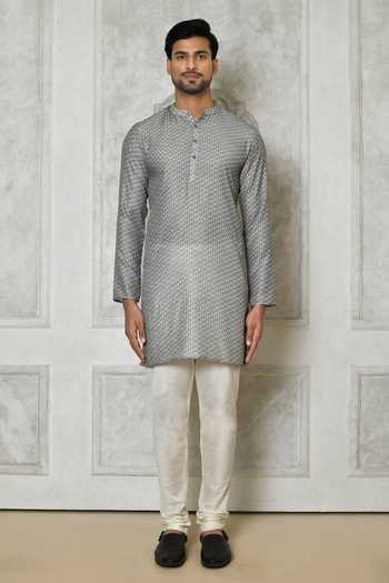 Arihant Rai Sinha_Grey Cotton Silk Printed Floral Tiny Short Kurta_Online_at_Aza_Fashions