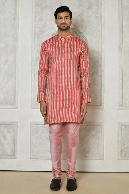 Arihant Rai Sinha_Red Cotton Silk Printed Striped Kurta_Online_at_Aza_Fashions