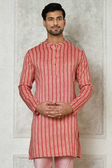 Shop_Arihant Rai Sinha_Red Cotton Silk Printed Striped Kurta_Online_at_Aza_Fashions