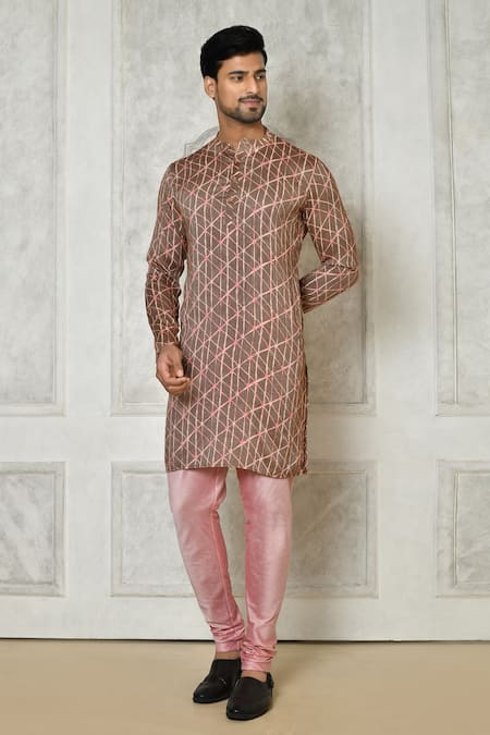 Arihant Rai Sinha Brown Cotton Silk Printed Linear Short Kurta 