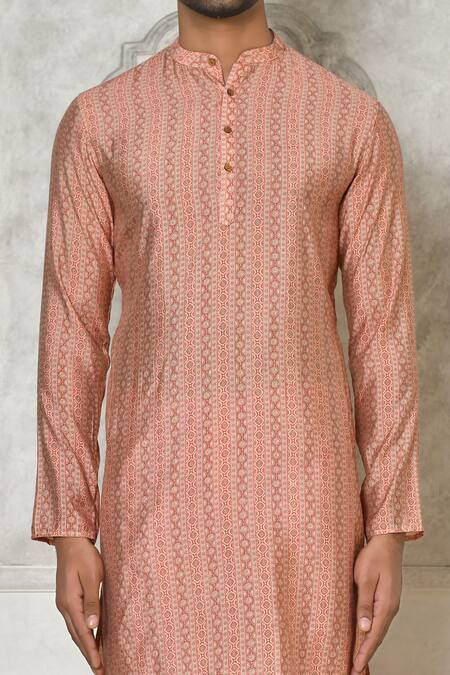 Arihant Rai Sinha_Peach Cotton Silk Printed Mandala Floral Short Kurta_Online_at_Aza_Fashions