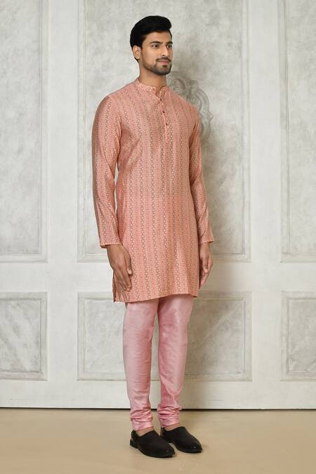 Shop_Arihant Rai Sinha_Peach Cotton Silk Printed Mandala Floral Short Kurta_Online_at_Aza_Fashions