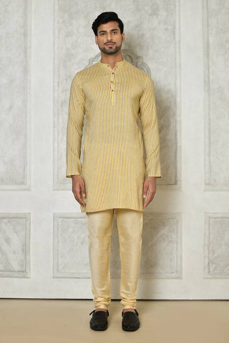 Arihant Rai Sinha_Beige Cotton Silk Printed Striped Kurta_Online_at_Aza_Fashions