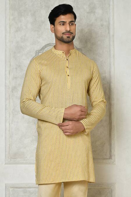 Shop_Arihant Rai Sinha_Beige Cotton Silk Printed Striped Kurta_Online_at_Aza_Fashions