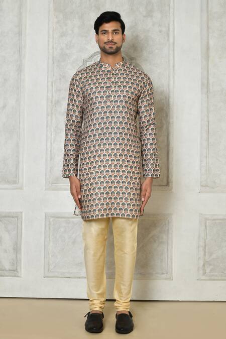 Arihant Rai Sinha_Grey Cotton Silk Printed Floral Kurta_Online_at_Aza_Fashions