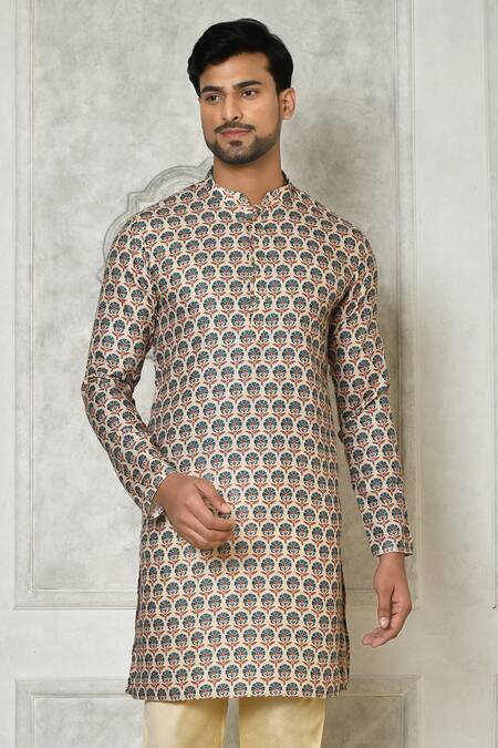 Shop_Arihant Rai Sinha_Grey Cotton Silk Printed Floral Kurta_Online_at_Aza_Fashions