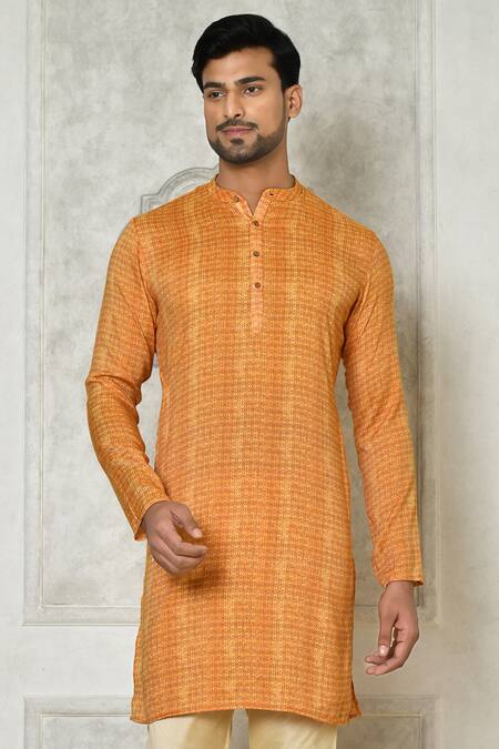 Shop Arihant Rai Sinha Orange Cotton Silk Printed Geometric Kurta Online at Aza Fashions Shop_Arihant Rai Sinha_Orange Cotton Silk Printed Geometric Kurta_Online_at_Aza_Fashions
