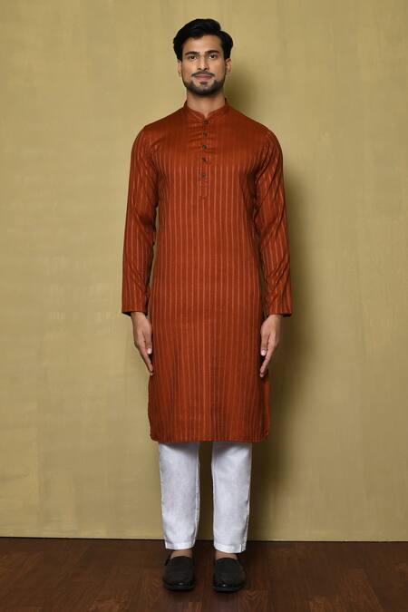 Buy_Arihant Rai Sinha_Orange Jacquard Silk Woven Stripe Full Sleeve Pattern Kurta_Online_at_Aza_Fashions