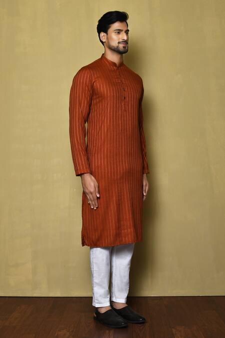 Shop_Arihant Rai Sinha_Orange Jacquard Silk Woven Stripe Full Sleeve Pattern Kurta_Online_at_Aza_Fashions