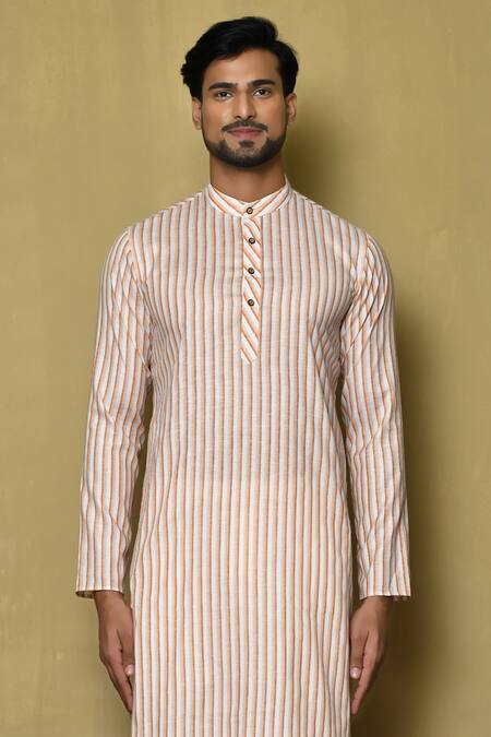 Arihant Rai Sinha_Orange Cotton Stripe Full Sleeve Vertical Pattern Kurta_Online_at_Aza_Fashions